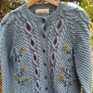 Blue Cable Knit Embroidered Cardigan Sweater